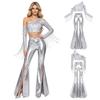 Women Disco Dance Outfit Cold Shoulder Long Sleeve Tassel Sequined Crop Top Metallic Shiny Flared Pants