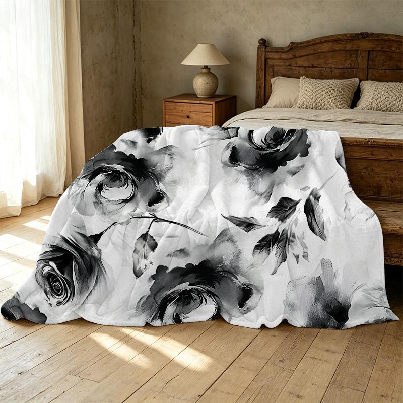 Soft Short Plush Flannel Blanket, Black & White Ink Wash Design, Cozy Warm Single Bedroom Blanket, Home Decor for Christmas & Halloween
