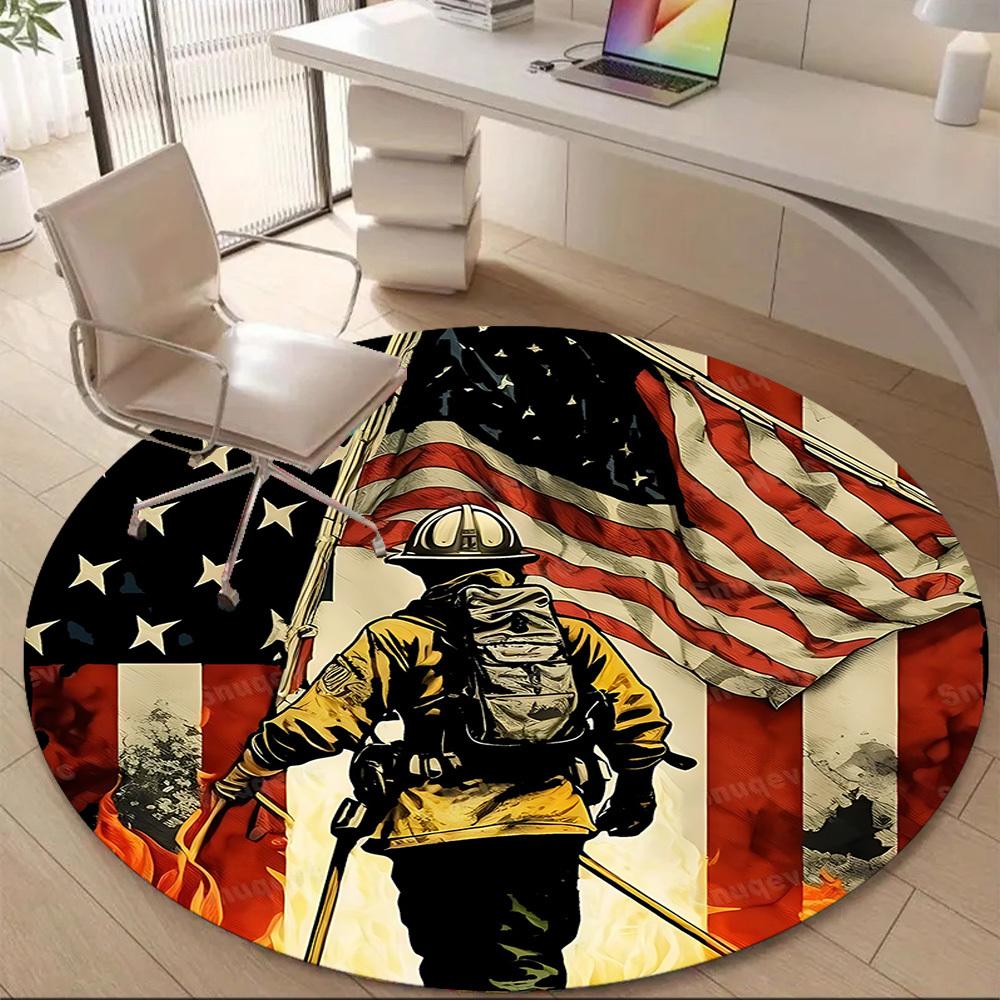 1pc Firefighter Flag Office Round Area Rug, Mat Suitable ForOffice, Under Office Chairs Bedroom Living Room Home Decor, Room Deco