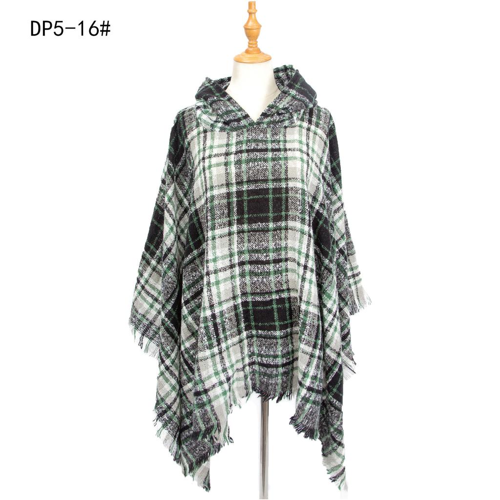 Women's Plaid Hooded Cape Ponchos Sweater Knitted Versatile Lightweight Warm Shawl Wrap Scarf Cape Poncho Pullover Cardigan Wrap Sweaters for Women