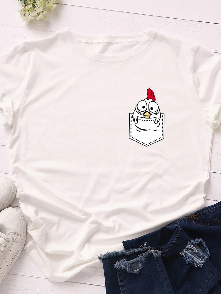 Pocket Chick Print Women T Shirt Short Sleeve O Neck Loose Women Tshirt Ladies Tee Shirt Tops Clothes Camisetas Mujer