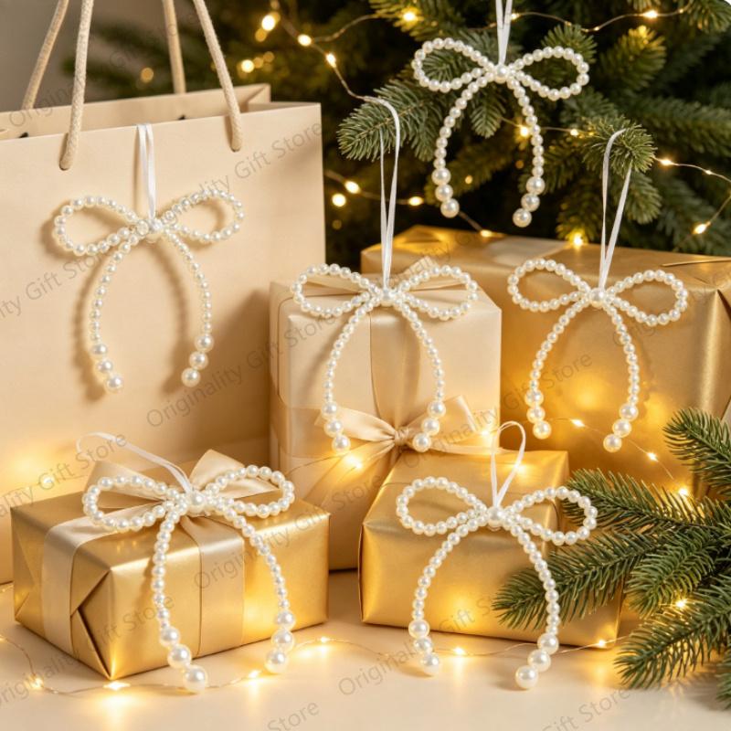 6PCS Elegant Imitation Pearl Bow Christmas Decoration Christmas Pearl Bows Pendant Wedding Holiday Party Girls Room Decor Xmas