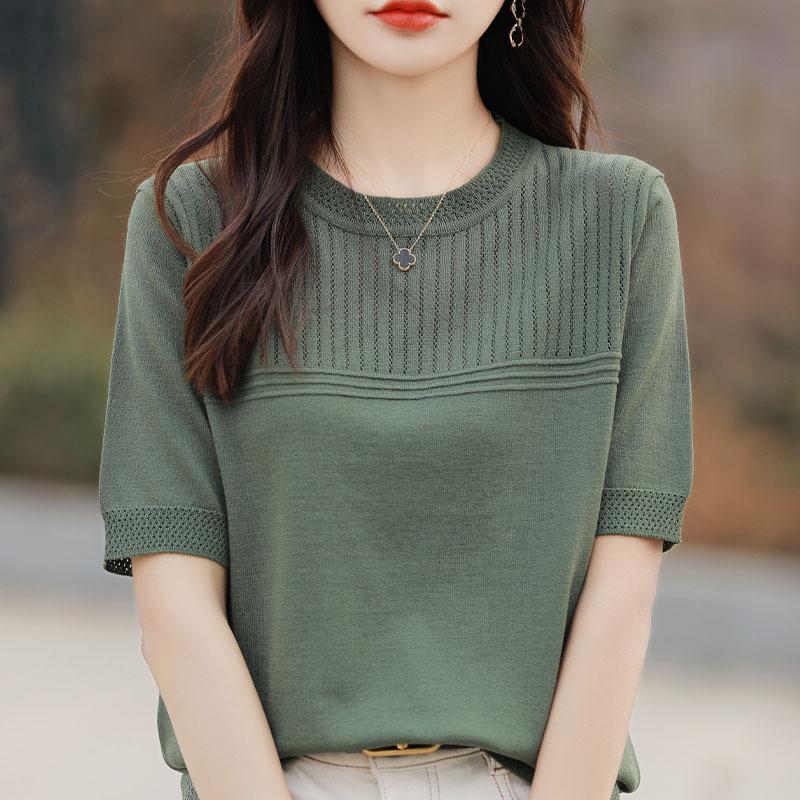 2024 Summer Ice Silk Hollow Knit Top for Middle-Aged Women: Short Sleeve, Solid Color, Half Sleeve Design