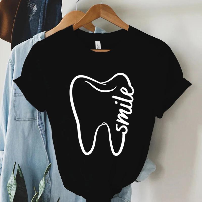 Womens Harajuku Fashion Shirts Cartoon Teeth Pattern Smile Graphic Short Sleeves Casual Basic Tees Fashion Women Blouse FeUnisex