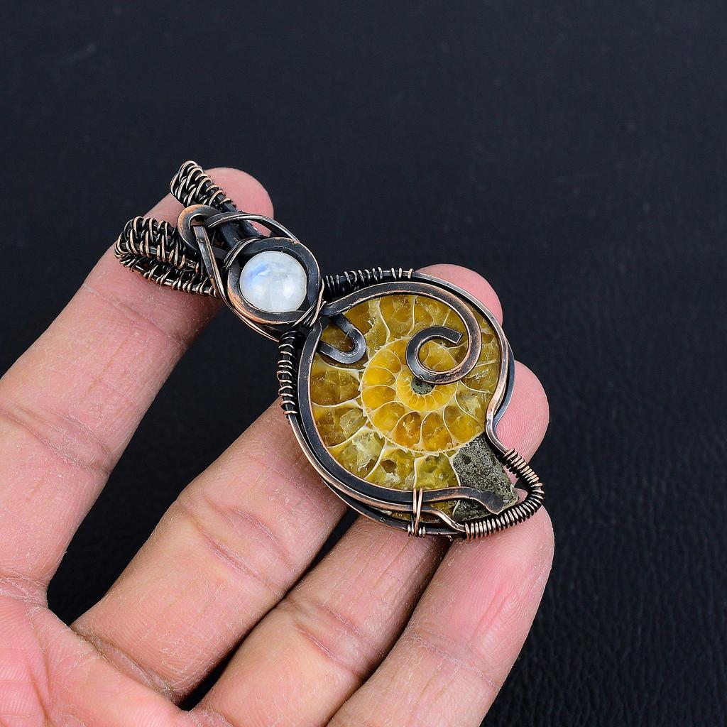 Ammonite Fossil 999 Copper Wire Wrapped Pendant, Handmade Gemstone Jewelry Pendant For Memorial Day