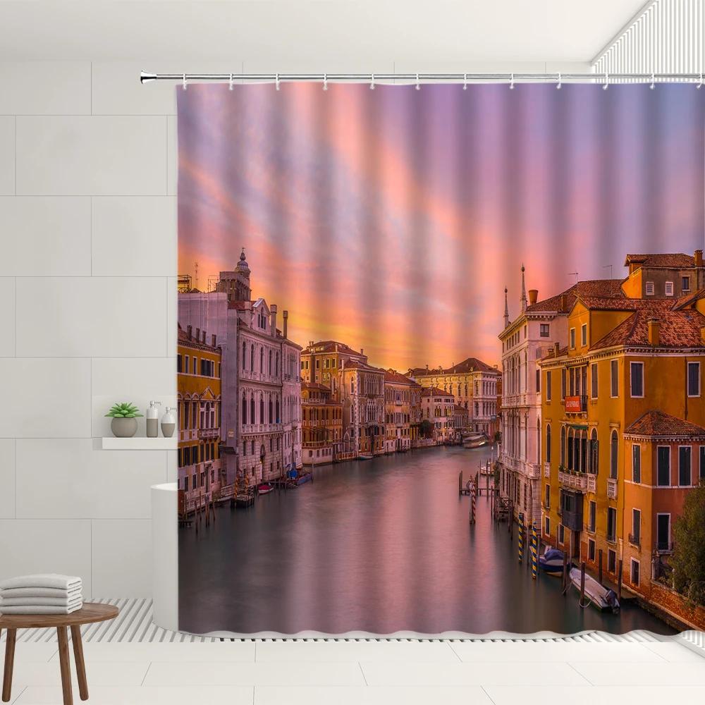 Italy Canal Scenery Shower Curtain Set Port City Romantic Venice Street Boat Retro Buildings Home Bathroom Bathtub Decor Screens