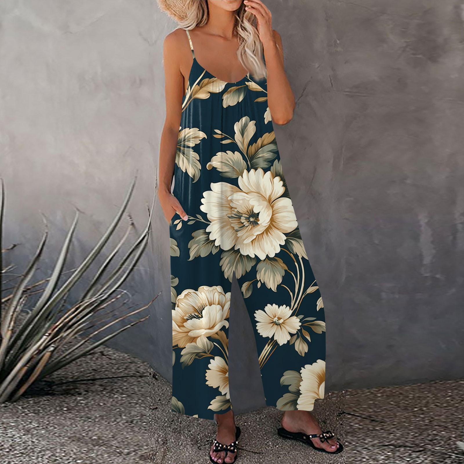 

Женский комбинезон с цветочным принтом, повседневный свободный комбинезон с регулируемыми подтяжками XXXL темно-синий