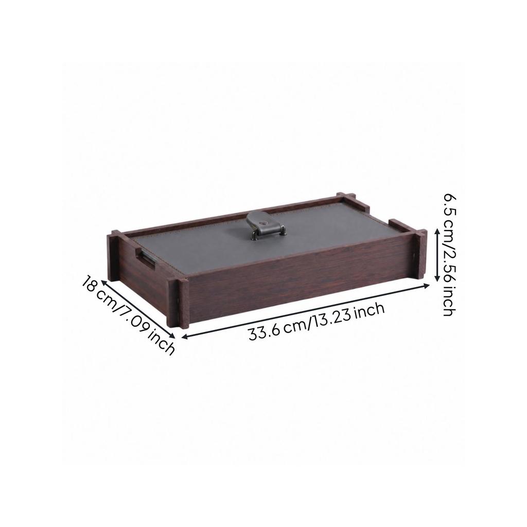 Wood Storage Box with Leather Panel Hand-Finished Tray Metal Handle