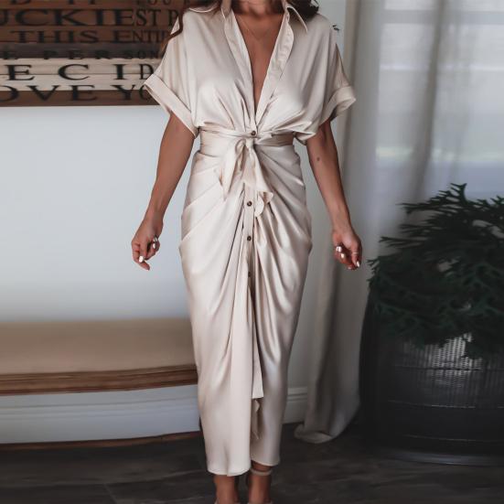 Office Lady Maxi Dress Turn Down Collar Ruched Solid Color Short Sleeve