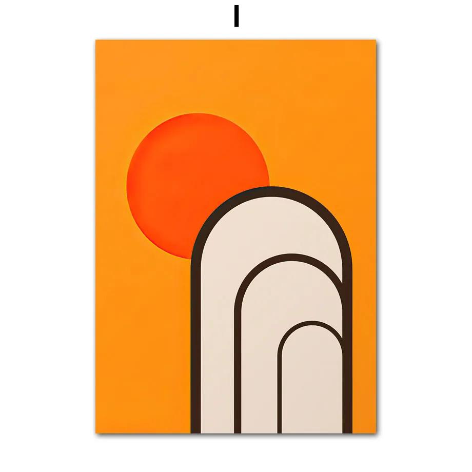 Retro 70s Inspired Art Prints, Orange Lines, Flower, Sun, Abstract Shapes Poster, Canvas Painting, Wall Pictures, Living Room De