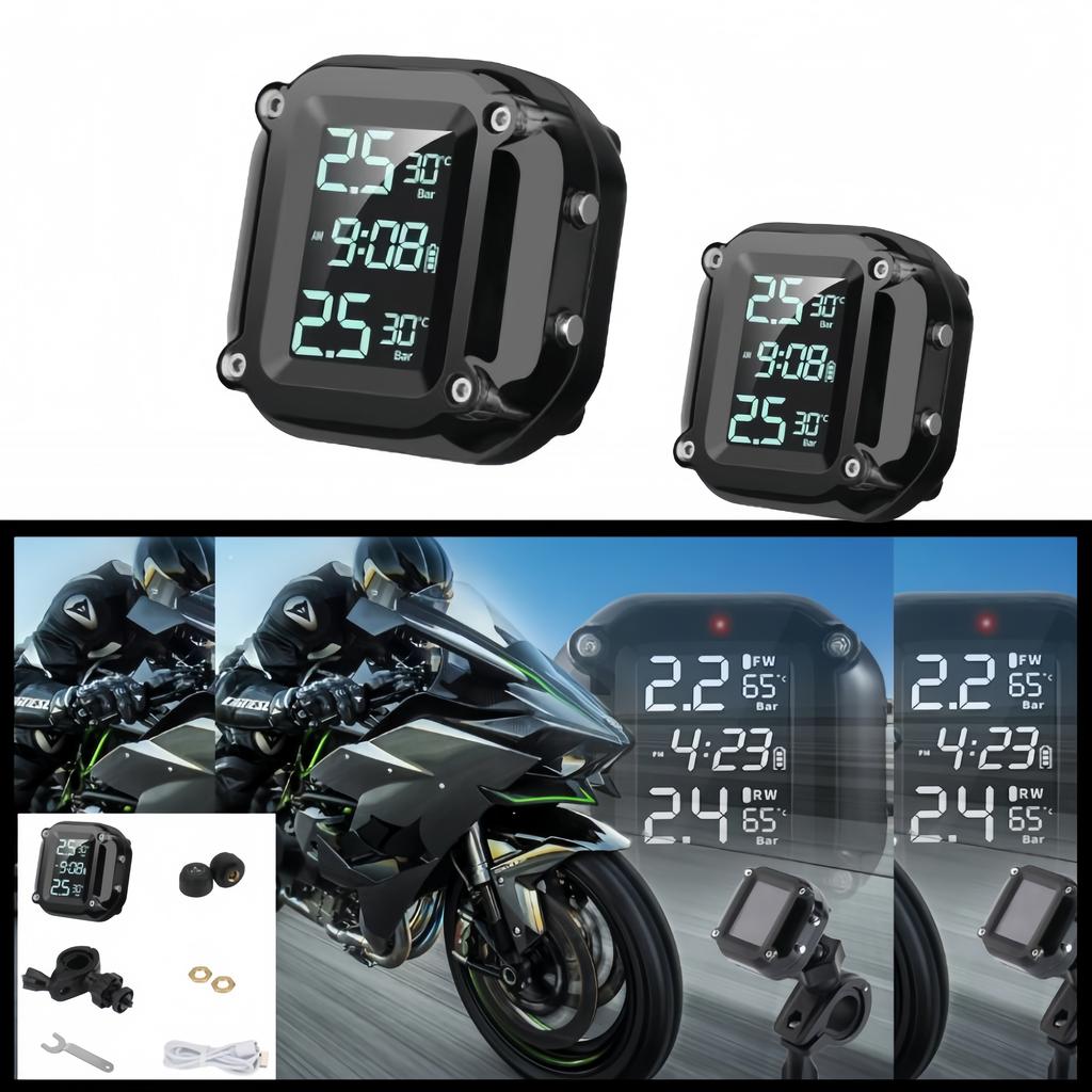 Motorcycle Wireless TPMS Real Time Alerts Waterproof LCD Display External Sensors Tire Pressure Temperature Monitoring System