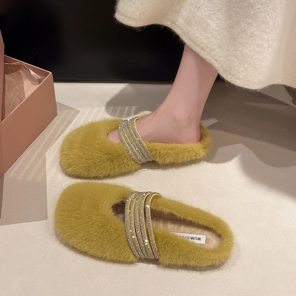 [Fanfuna] Rhinestone fluffy half-slippers women's autumn and winter outer wear advanced velvet 2025 new cotton slippers