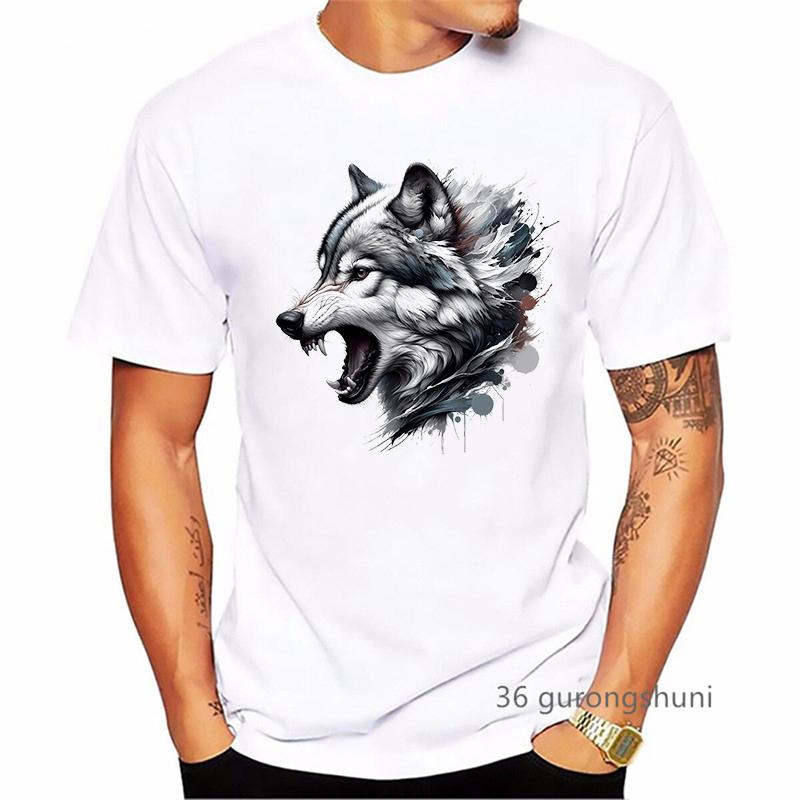2024 Hot Sale Angry Wolf Animal Printed T Shirt MenS Clothing Summer Fashion Short Sleeve TShirt Homme Streetwear