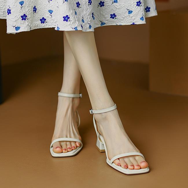 Ji's New French Strap Sandals Mori Thick Heel Square Head Open Toe Middle Heel with Sandals Women