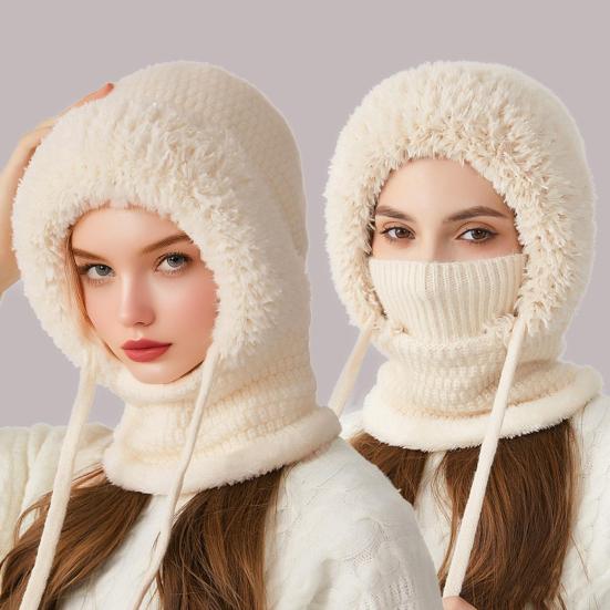 3 In 1 Knitted Hat Women Soft Plush Winter Scarf with Face Guard Adjustable Straps Windproof Hooded Design Scarf