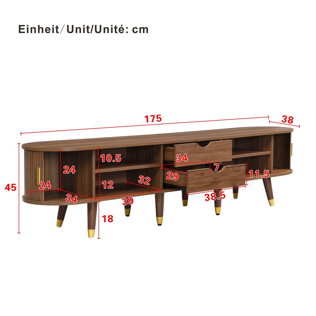 TV Cabinet 175 Cm with Rattan Sliding Door, Walnut Look & Lots of Storage Space - Country Style Table with Open Compartments, Drawers - Natural Design
