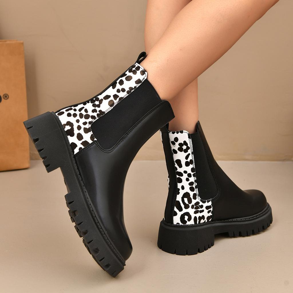 Fashion Fashion Leopard Print Platform Chelsea Boots Women Slip On Plus Size Thick Sole Ankle Boots Woman Pu Leather Short Booties Mujer