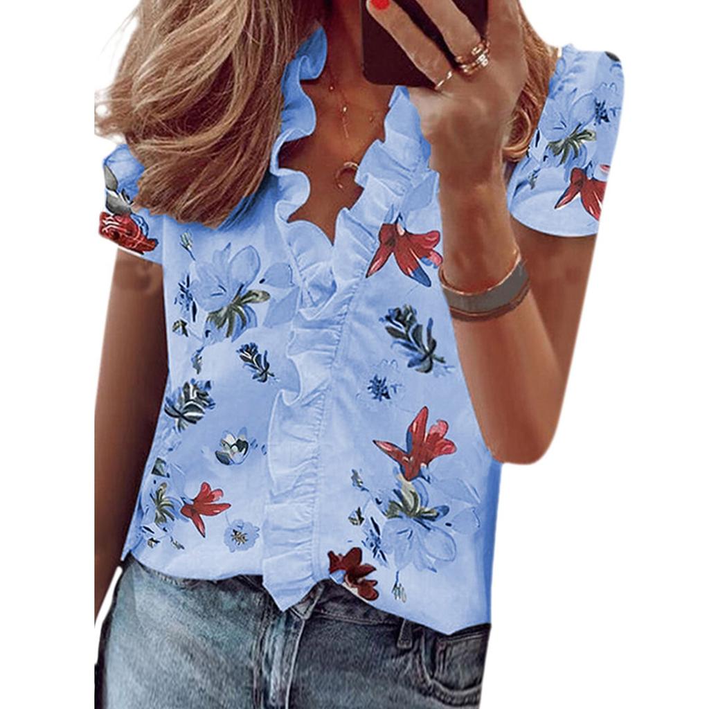 Womens V Neck Ruffle Star Printed Short Sleeve T Shirt Ladies Blouse Shirts Tops