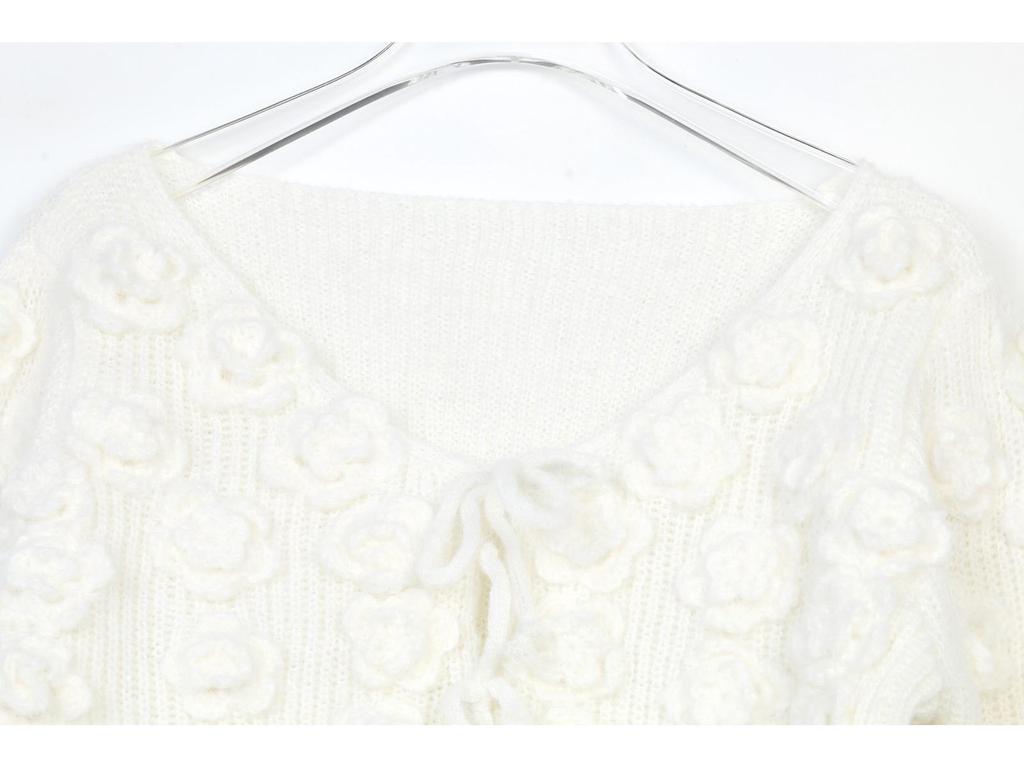 Chic Handmade French Style V-Neck Crochet Sweater for Women - Autumn/Winter Collection