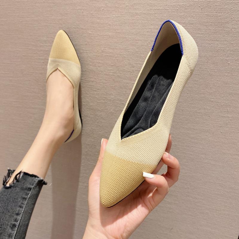 Flying single shoes women's new knitted mid-heel pointed breathable woven shoes fashionable shallow flat shoes