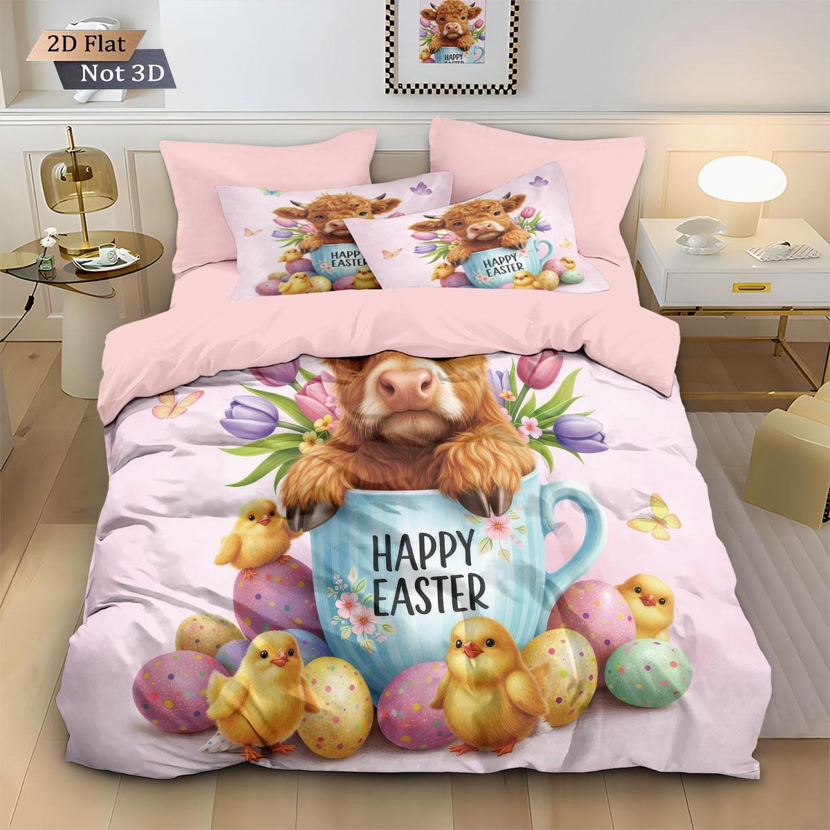 

3pcs Easter Egg Highland Cow Print Down Duvet Cover Set, Multi Size Bedroom, Dormitory Bedding Decoration, Machine Washable 135x200cm-EU-Single&set