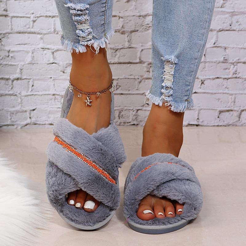 Fashion 2025  Shiny Crystal Decor Indoor Slippers Women Winter Warm Thicken Plush Cotton Slippers Woman Comfort Light Non Slip Slides