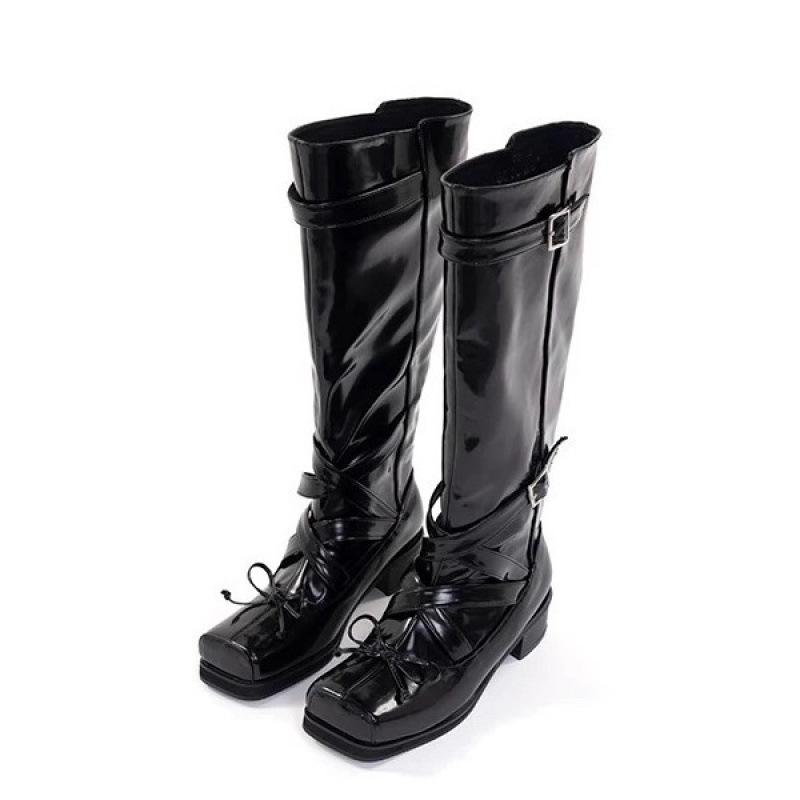 

Cowhide version ballet style thick-soled boots women s leather bow square head thick-soled thick-heeled high boots knight boots 35