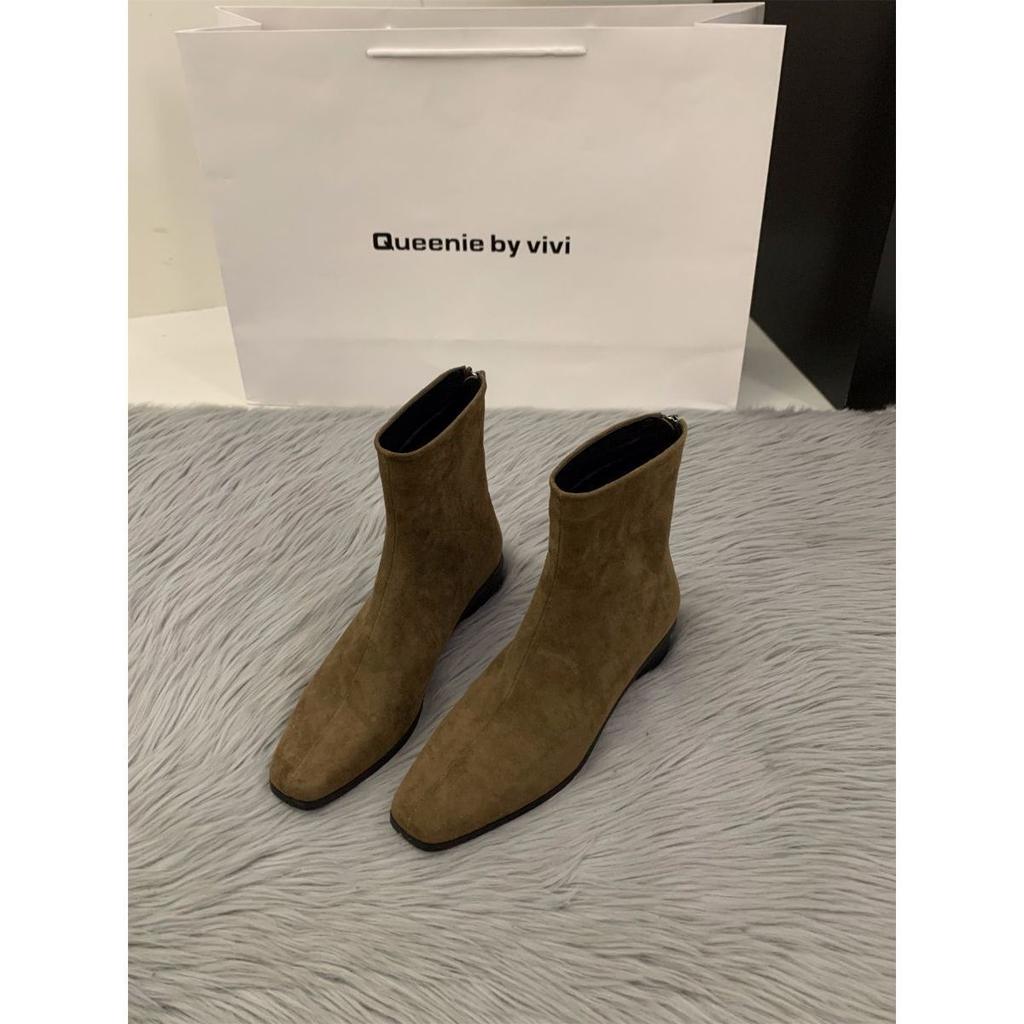 Coarse-heeled suede Korean small ankle boots women's shoes 2025 new autumn and winter velvet Martin boots coffee-colored thin short boots