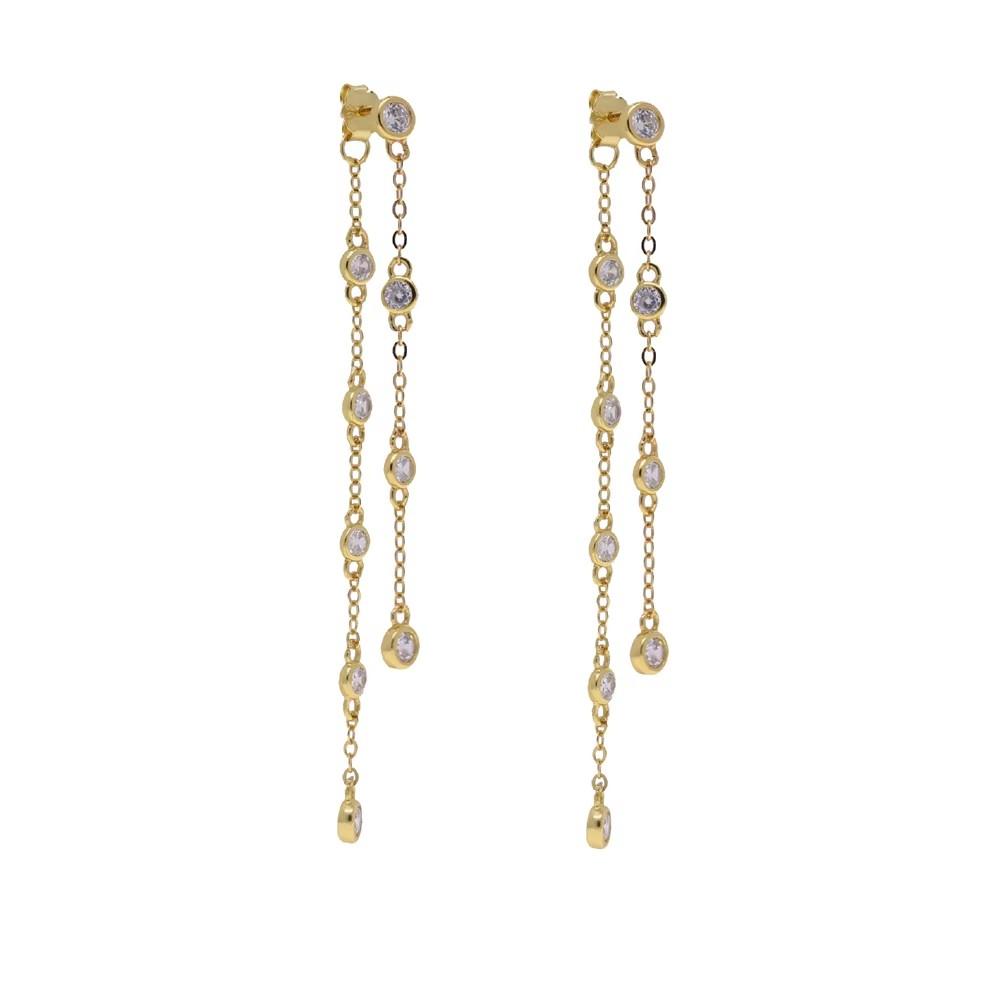 Bling Fashion Women Jewelry 5A Cubic Zirconia CZ 18K Gold Plated Double Chain Long Tassel Earring