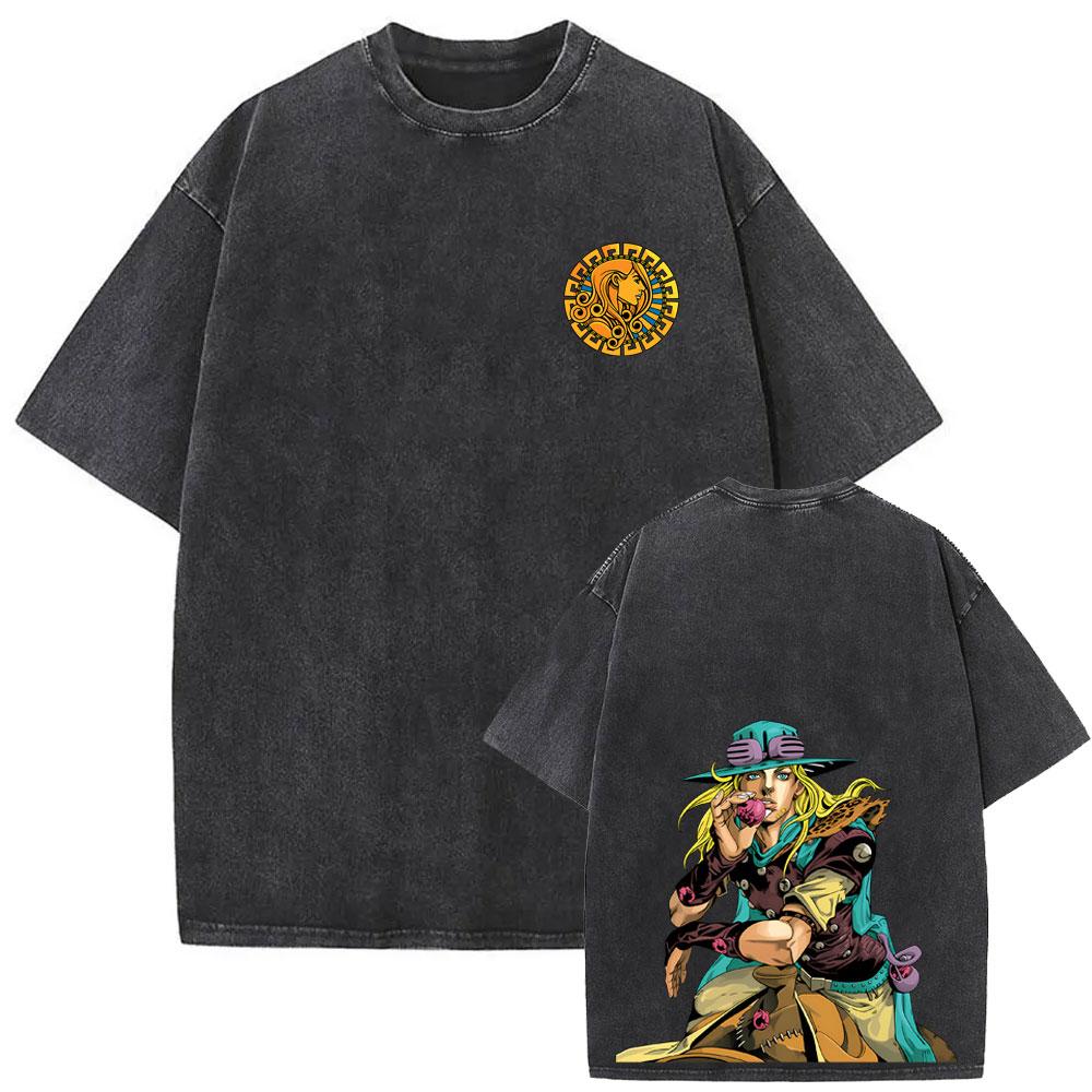 Washed Vintage Anime Jojo Bizarre Adventure Tshirt Retro Manga Giorno Giovanna T Shirts Men Casual Cartoon Oversized Tshirts
