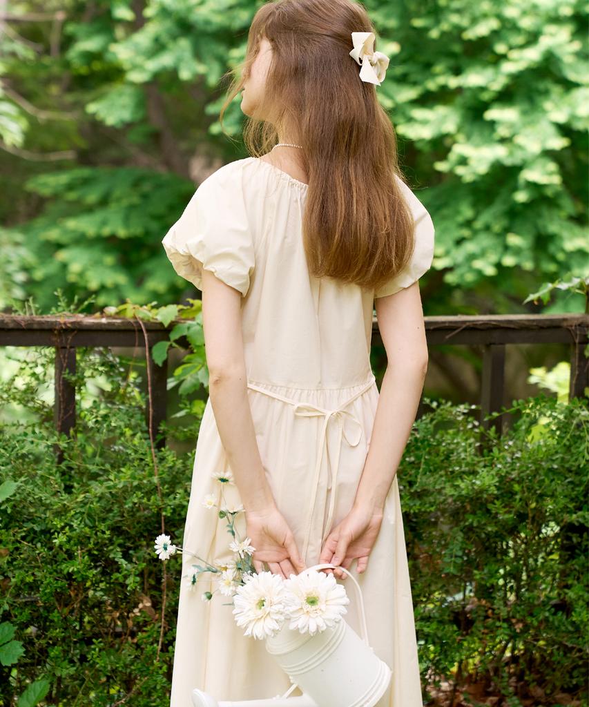 Slow Lolly Puff Shirring Long Dress - Beige