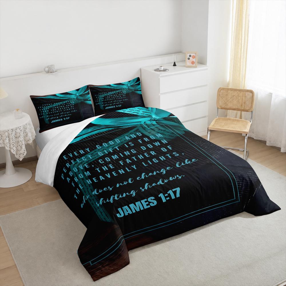 Dark Gift Box Teal Ribbon Bible Verse Bedding set (1 duvet cover, 2 pillowcases, duvet not included), James 1:17 Every Good Gift Art