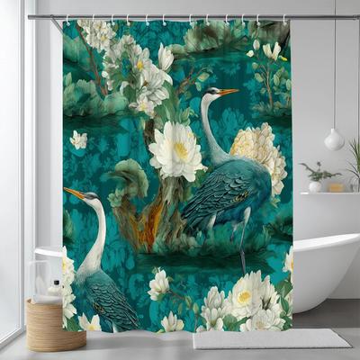 1Pc Floral And Crane Pattern Shower Curtain Bathroom Decoration Polyester Fabric With 12 Hooks 70. 8X70. 8 Inch