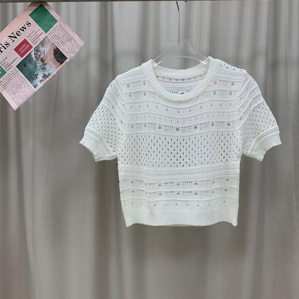 Design Printemps Été Sens du Design Creux Manches Bouffantes Style Étranger Pull Court en Maille Fin Polyvalent Col Rond Hauts Pulls Décontractés pour Femmes T-shirts