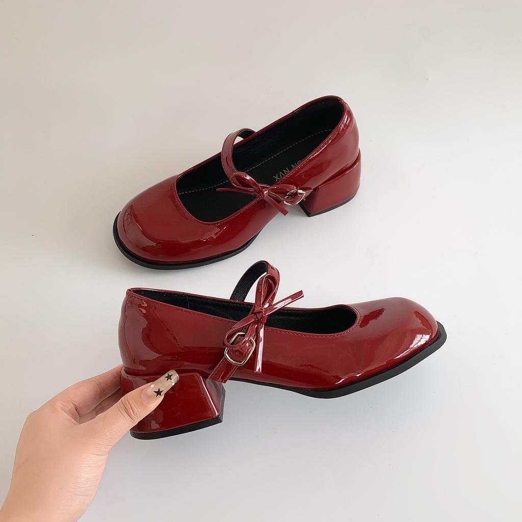 Fashion New Women Mary Jane Shoes Ladies Outdoor Butterfly-knot Pumps Spring Autumn Women's Dress Leather Solid Color Thick Heeled Shoes