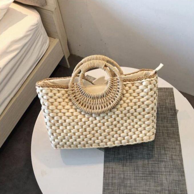 Vintage Handmade Straw Bag Women Summer Large Capacity Beach Bag Weave Handbag Vacation Rattan Handle Bag Kintted Totes