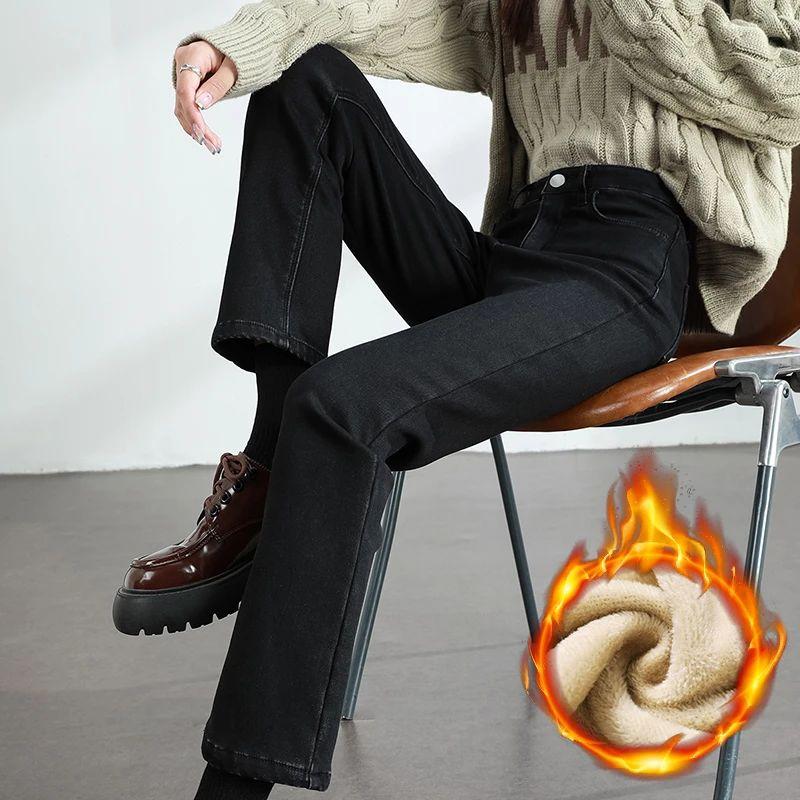 

Женские зимние флисовые теплые джинсы ретро узкие прямые эластичные хлопковые утолщенные теплые джинсовые брюки модная женская одежда 24 чёрный