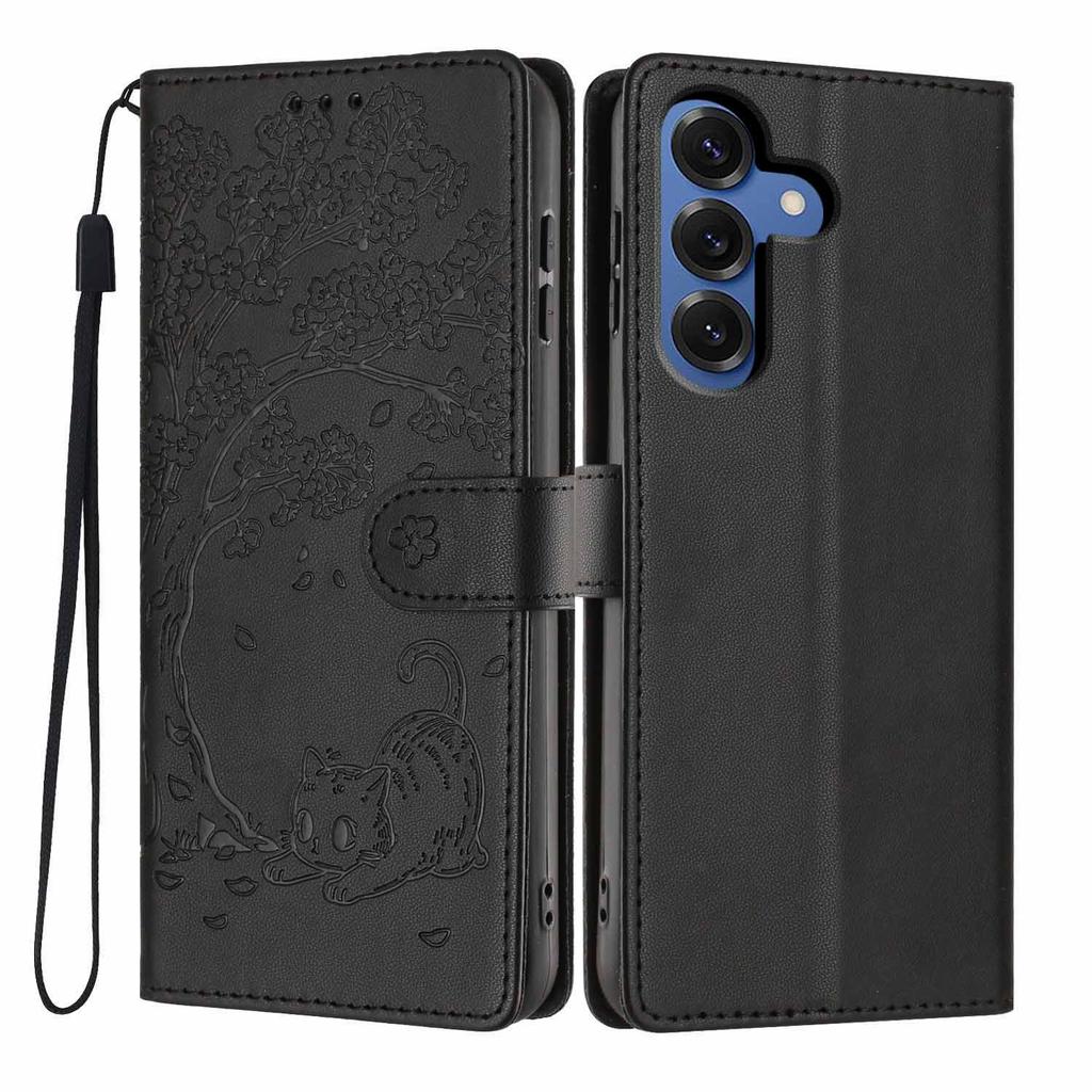 For Samsung Galaxy A37 5G Stand Case Tree-and-Cat Pattern PU Leather Wallet Protective Phone Cover with Wrist Strap