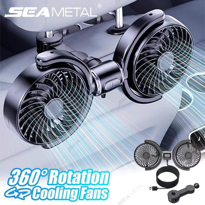 SEAMETAL Car USB Fan Dual Head Cooling Air Fan Independent Switch 3-Speed 360 Degree Adjustable Auto Headrest Fan for Rear Seat Mass Air Flow 3