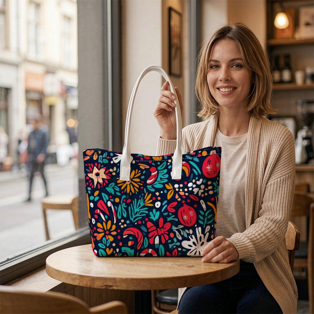 Christmas Pattern Tote Bag Fashion Portable Daily Use Casual Shoulder Bag for Women Outdoor Shopping