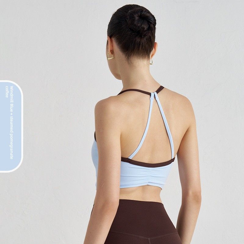 

Foreign Trade American Hanging Neck Sports Underwear Women Running Pilates Yoga Vest Summer European and American Beauty Back Fitness Bra Windmill Blue Body Spelling Espresso XL/10