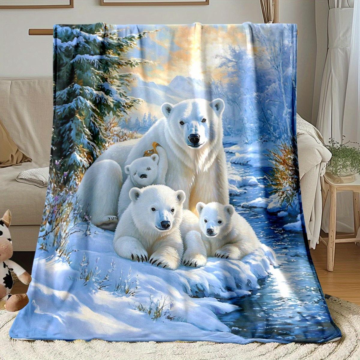 Snowy Forest Polar Bear Print Flannel Blanket Soft Lightweight for Sofa Camping Travel Office Use 75X95CM