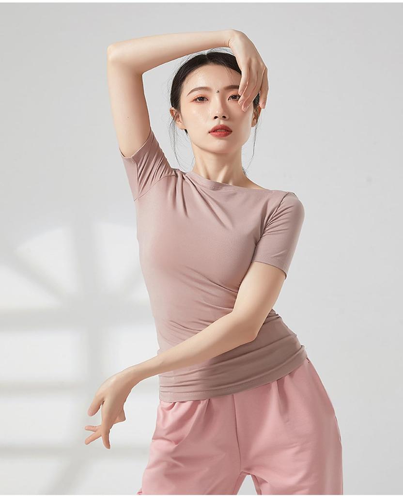 Yuoku Ballet Dance Short Sleeve Boat Neck Practice Stretch Dance Solid Classical Ballroom Dance Elastic Boat Women's Costume, Top, Wear, Top, T-Shirt,