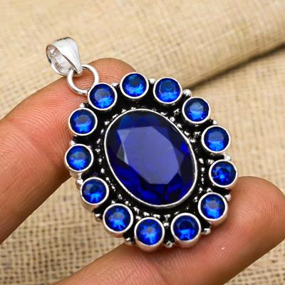 Zaffiro Blu Gema Sintetica Fatto a Mano Gioiello in Argento Sterling 925 Ciondolo Per Regalo di Matrimonio
