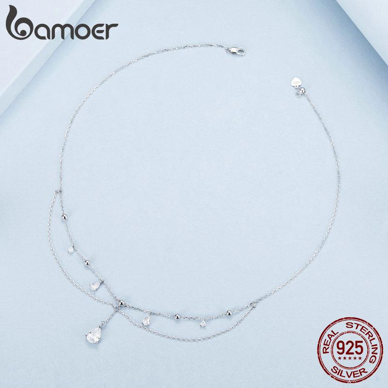 BAMOER 925 Sterling Silver Shining Droplet FringeTassel Pendant Necklace Double-layer Necklace for Women Fine Jewelry Gift