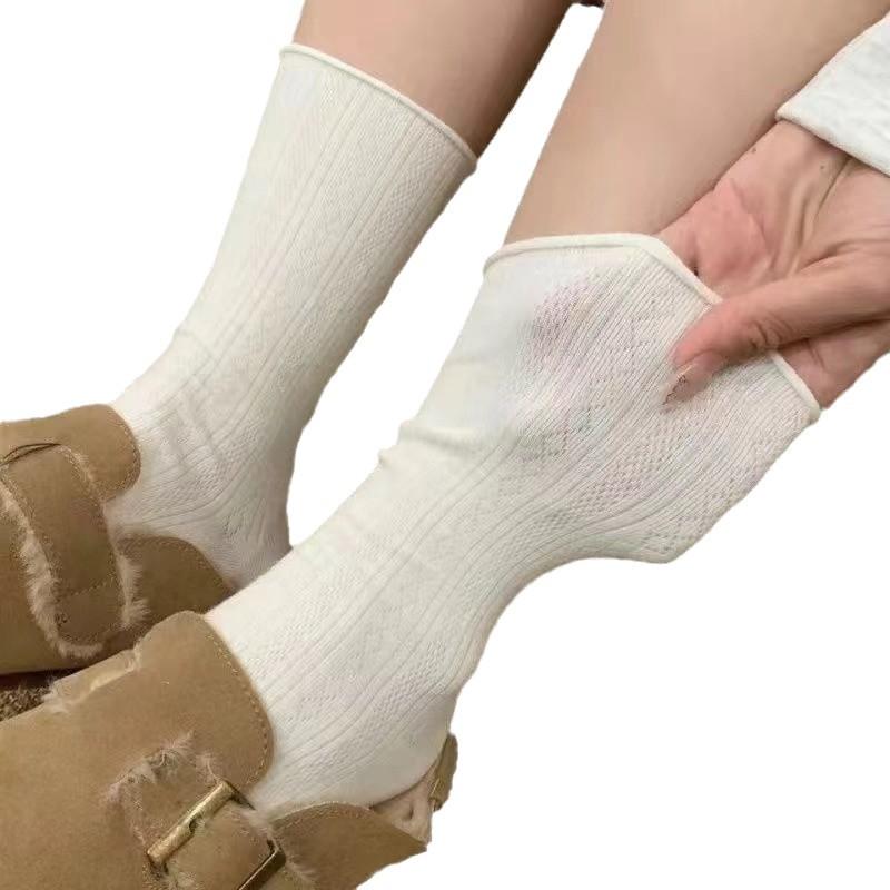 White Socks for Women, Spring and Summer, Thin Pile Socks, Cool Mid-calf Socks, Cream-lined Rolled-up Postpartum Socks