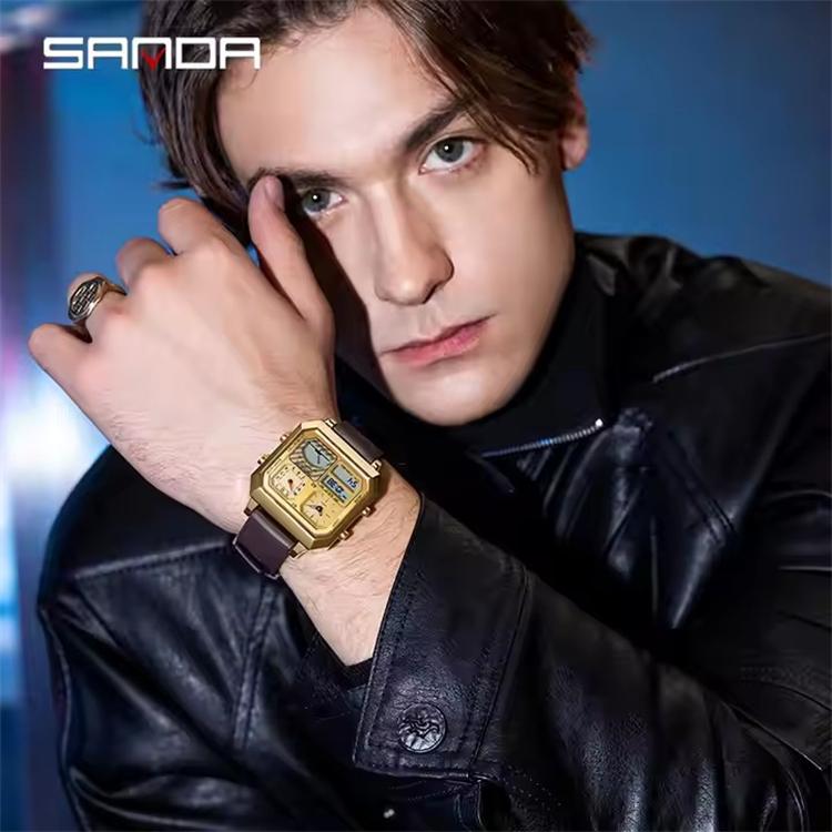 SANDA 6210 Men's Electronic Digital Watch Square Multifunctional Temperature Date TPU Strap Display Wrist Watches