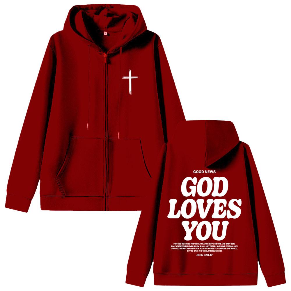 Christian Jesus Good News God Loves You Bible Verse Graphic Zipper Hoodie Men Women Oversized Zip Up Jacket Tops