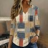 Womens 3/4 Sleeve V Neck Henley Pullover Top Geometric Print Casual Loose Fit Tunic Shirt