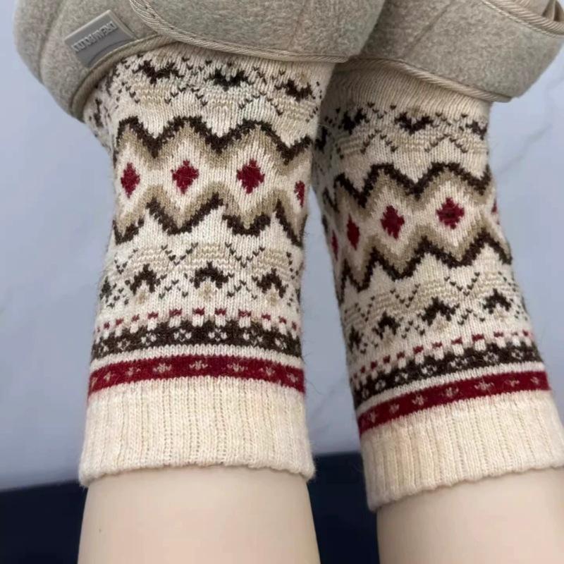 Fleece Wool Socks Warm Fleece Thickened Upgraded Style Second-Generation Retro National Warm Mid-Tube